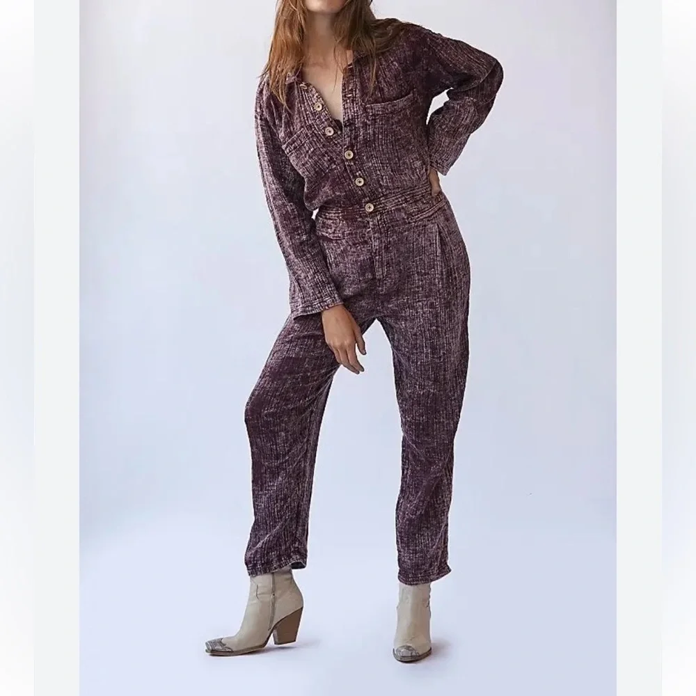 Free People Textured Button-Front Purple Jumpsuit in Plum Stone Washed Boho